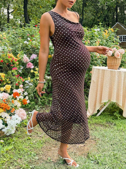 Maternity Polka Dot Print Asymmetric Neck Fitted Dress