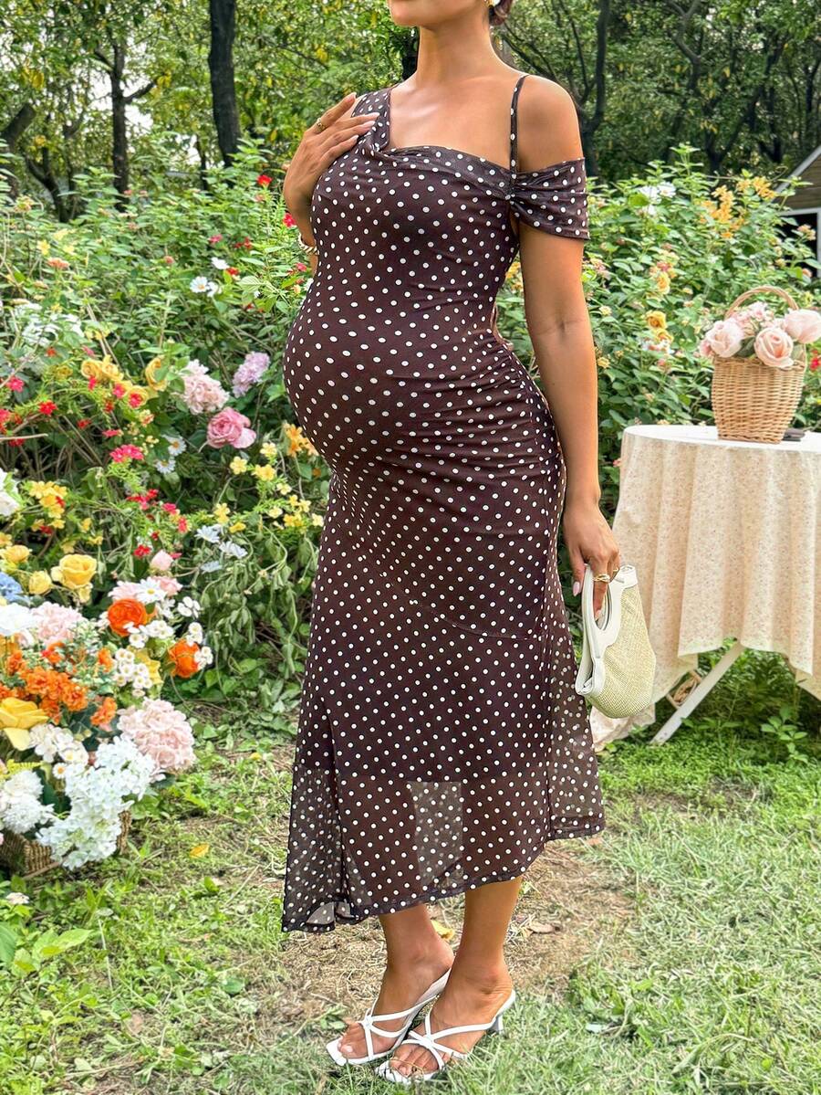Maternity Polka Dot Print Asymmetric Neck Fitted Dress