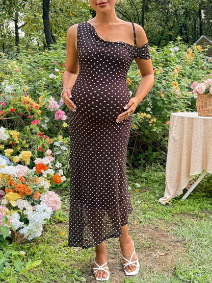Maternity Polka Dot Print Asymmetric Neck Fitted Dress