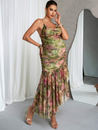 Maternity Clothes Maternity  Dress Summer Pregnant Clothes  Green Dress: Highly Elastic, Comfortable, And Elegant Maternity Fashionable Romantic Printed Pleated Camisole Dress Elegant Dresses For Wome