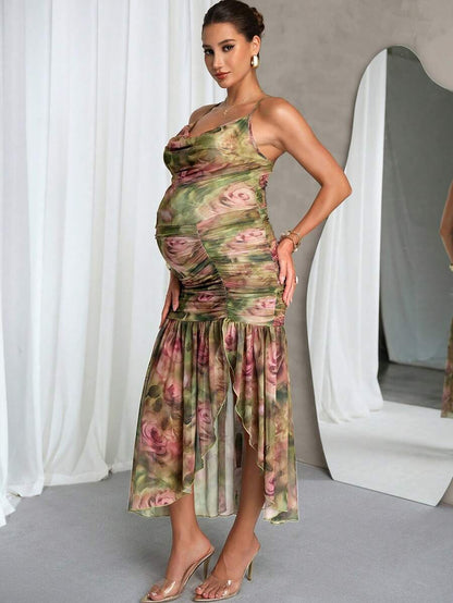 Maternity Clothes Maternity  Dress Summer Pregnant Clothes  Green Dress: Highly Elastic, Comfortable, And Elegant Maternity Fashionable Romantic Printed Pleated Camisole Dress Elegant Dresses For Wome