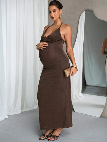 Elegant Brown Maternity Dress,Summer Pregnant Clothes Comfortable Highly Elastic Solid Color Spaghetti Strap Backless Sleeveless Midi Dress Fashion