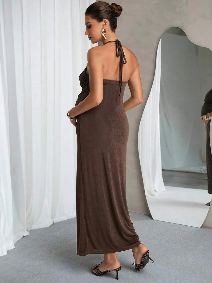 Elegant Brown Maternity Dress,Summer Pregnant Clothes Comfortable Highly Elastic Solid Color Spaghetti Strap Backless Sleeveless Midi Dress Fashion