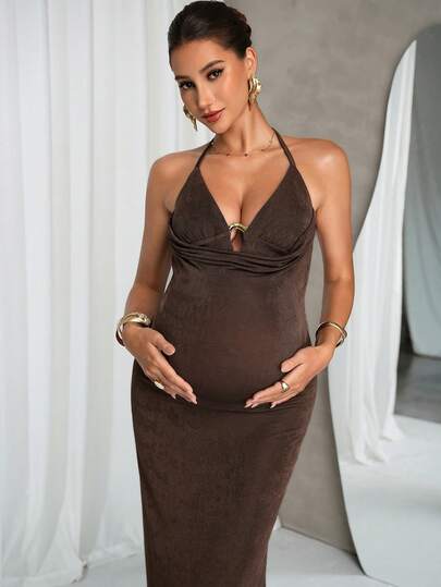 Elegant Brown Maternity Dress,Summer Pregnant Clothes Comfortable Highly Elastic Solid Color Spaghetti Strap Backless Sleeveless Midi Dress Fashion