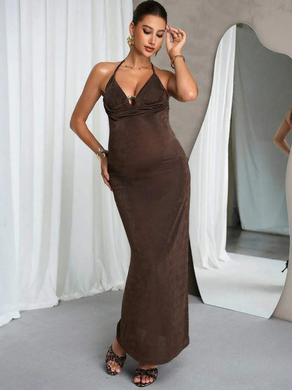 Elegant Brown Maternity Dress,Summer Pregnant Clothes Comfortable Highly Elastic Solid Color Spaghetti Strap Backless Sleeveless Midi Dress Fashion