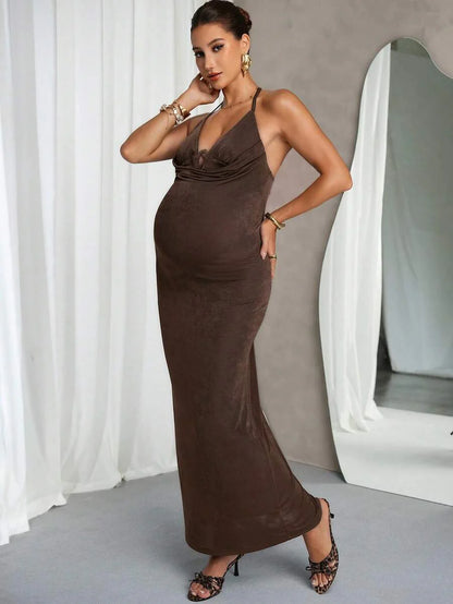 Elegant Brown Maternity Dress,Summer Pregnant Clothes Comfortable Highly Elastic Solid Color Spaghetti Strap Backless Sleeveless Midi Dress Fashion