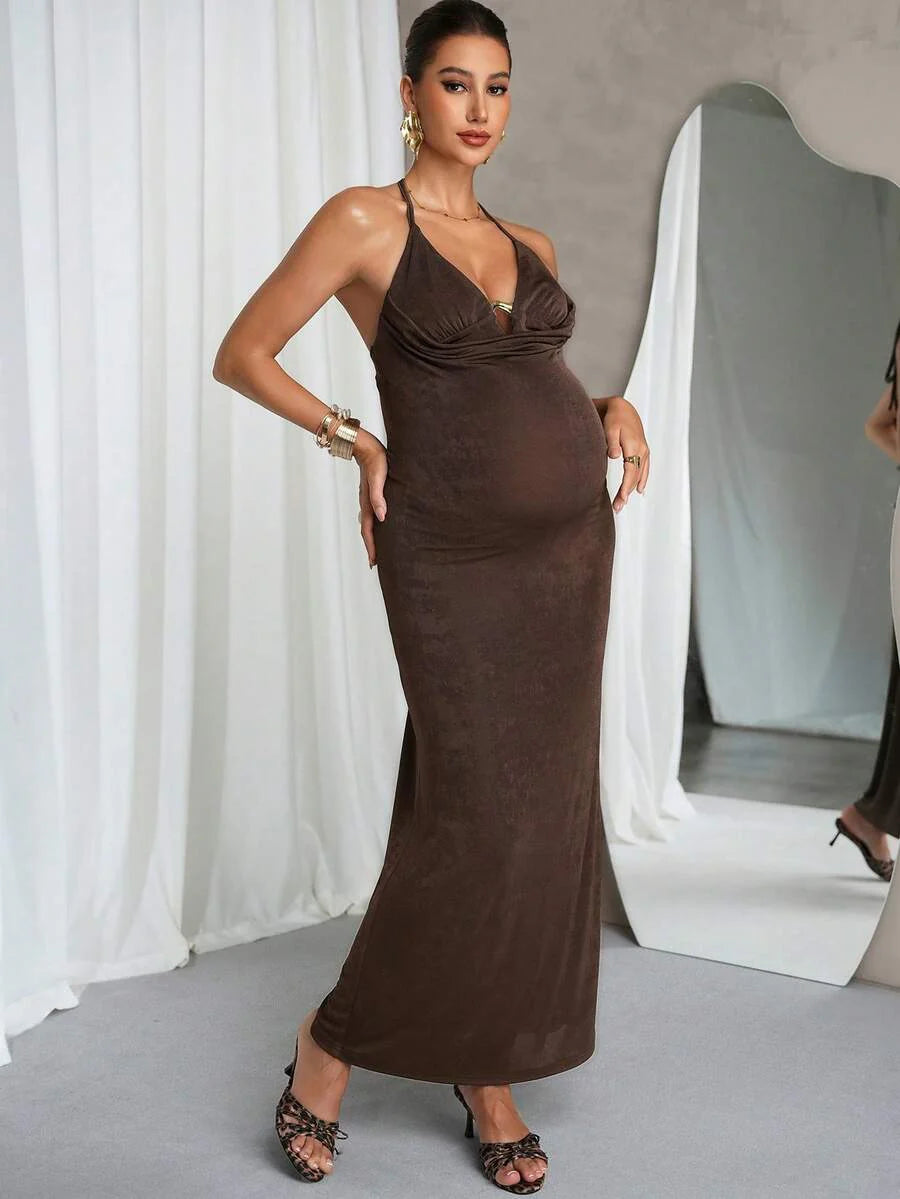 Elegant Brown Maternity Dress,Summer Pregnant Clothes Comfortable Highly Elastic Solid Color Spaghetti Strap Backless Sleeveless Midi Dress Fashion
