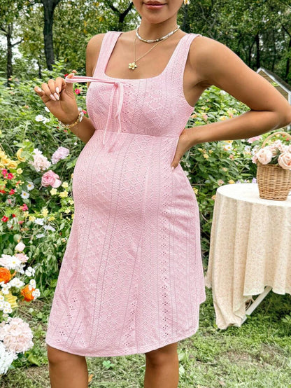 Boho Pink Mesh Embroidered Sleeveless A-Line Mini Dress - Square Neck Slim Fit Summer Beach Vacation Bow Front Sundress