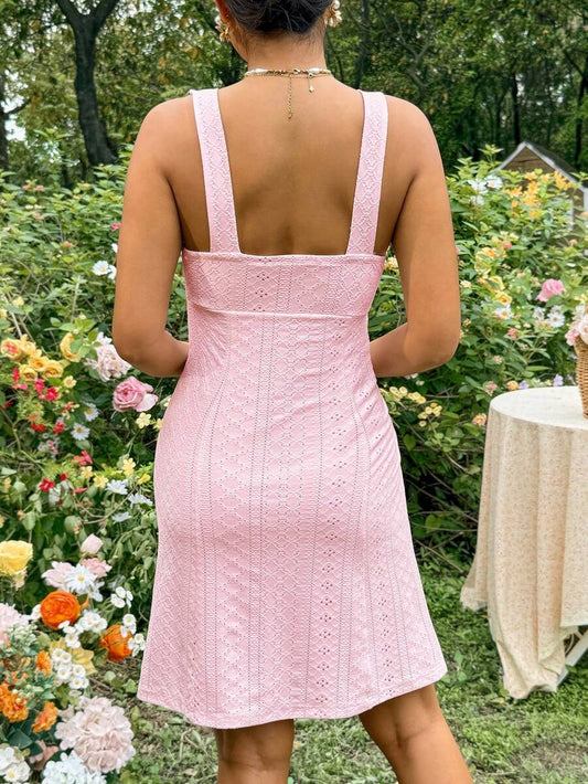 Boho Pink Mesh Embroidered Sleeveless A-Line Mini Dress - Square Neck Slim Fit Summer Beach Vacation Bow Front Sundress