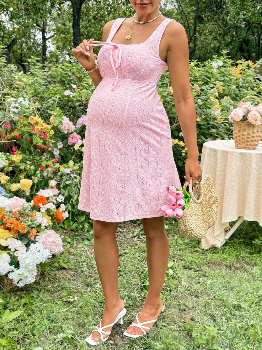 Boho Pink Mesh Embroidered Sleeveless A-Line Mini Dress - Square Neck Slim Fit Summer Beach Vacation Bow Front Sundress