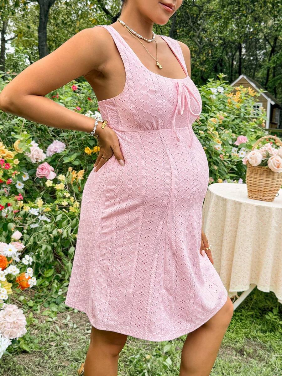 Boho Pink Mesh Embroidered Sleeveless A-Line Mini Dress - Square Neck Slim Fit Summer Beach Vacation Bow Front Sundress