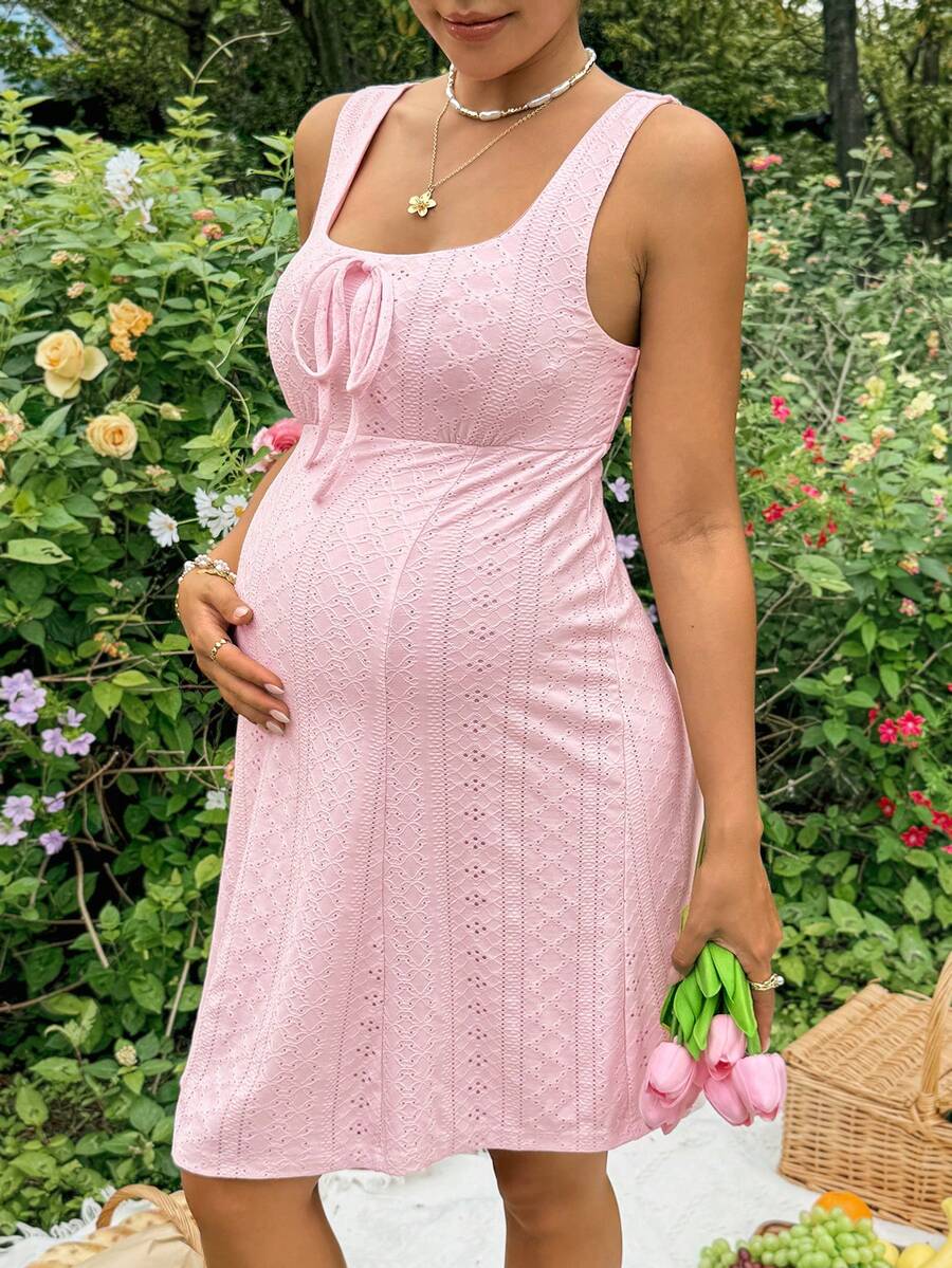 Boho Pink Mesh Embroidered Sleeveless A-Line Mini Dress - Square Neck Slim Fit Summer Beach Vacation Bow Front Sundress