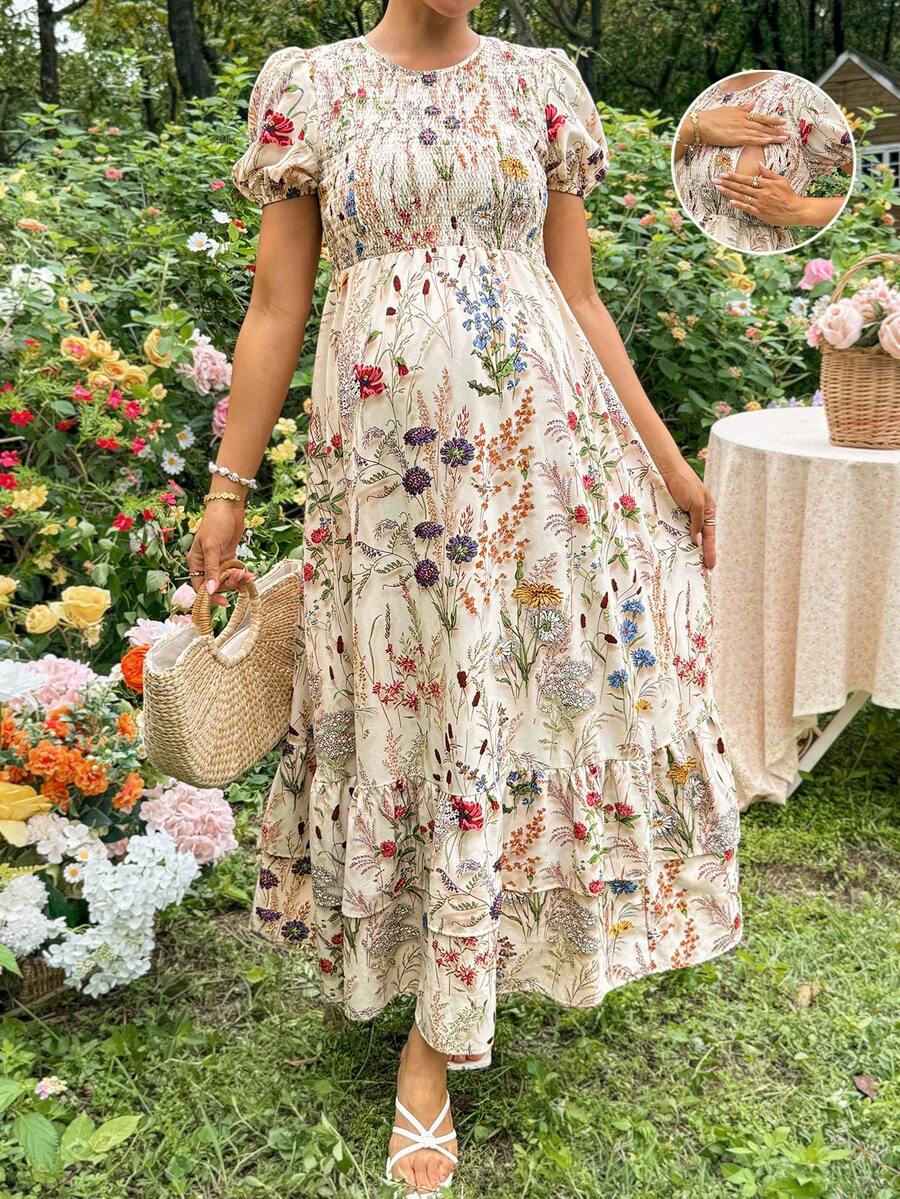 Apricot Floral Maternity and Nursing Long Dress with Ruffle Trim Round Neck and Puff Sleeves Summer Vacation Slim Fit Flared Hem Maxi