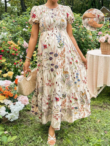 Apricot Floral Maternity and Nursing Long Dress with Ruffle Trim Round Neck and Puff Sleeves Summer Vacation Slim Fit Flared Hem Maxi