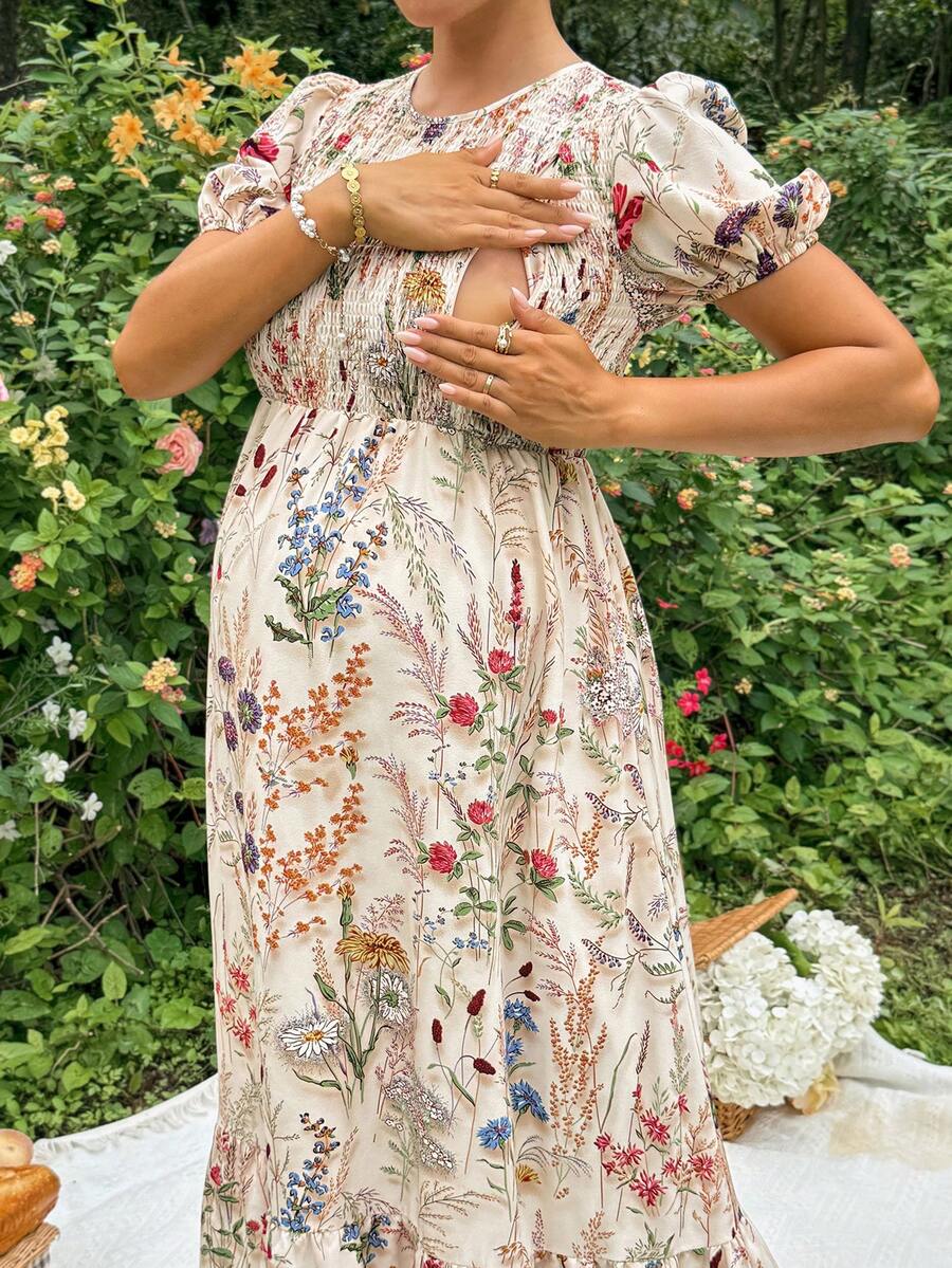 Apricot Floral Maternity and Nursing Long Dress with Ruffle Trim Round Neck and Puff Sleeves Summer Vacation Slim Fit Flared Hem Maxi