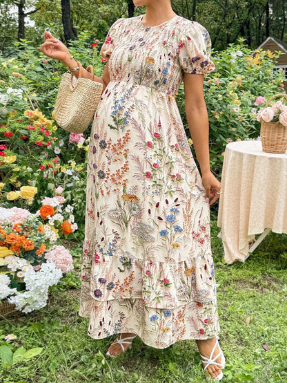 Apricot Floral Maternity and Nursing Long Dress with Ruffle Trim Round Neck and Puff Sleeves Summer Vacation Slim Fit Flared Hem Maxi