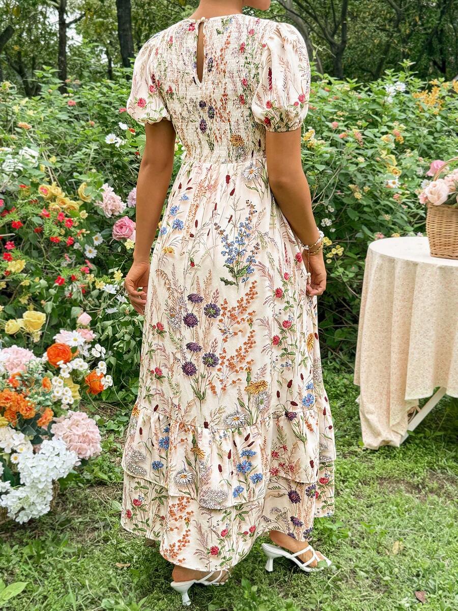 Apricot Floral Maternity and Nursing Long Dress with Ruffle Trim Round Neck and Puff Sleeves Summer Vacation Slim Fit Flared Hem Maxi