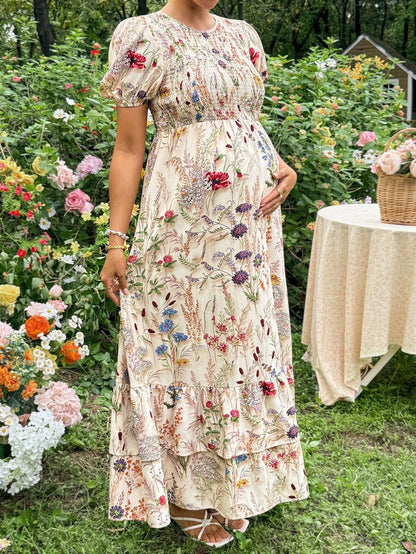 Apricot Floral Maternity and Nursing Long Dress with Ruffle Trim Round Neck and Puff Sleeves Summer Vacation Slim Fit Flared Hem Maxi