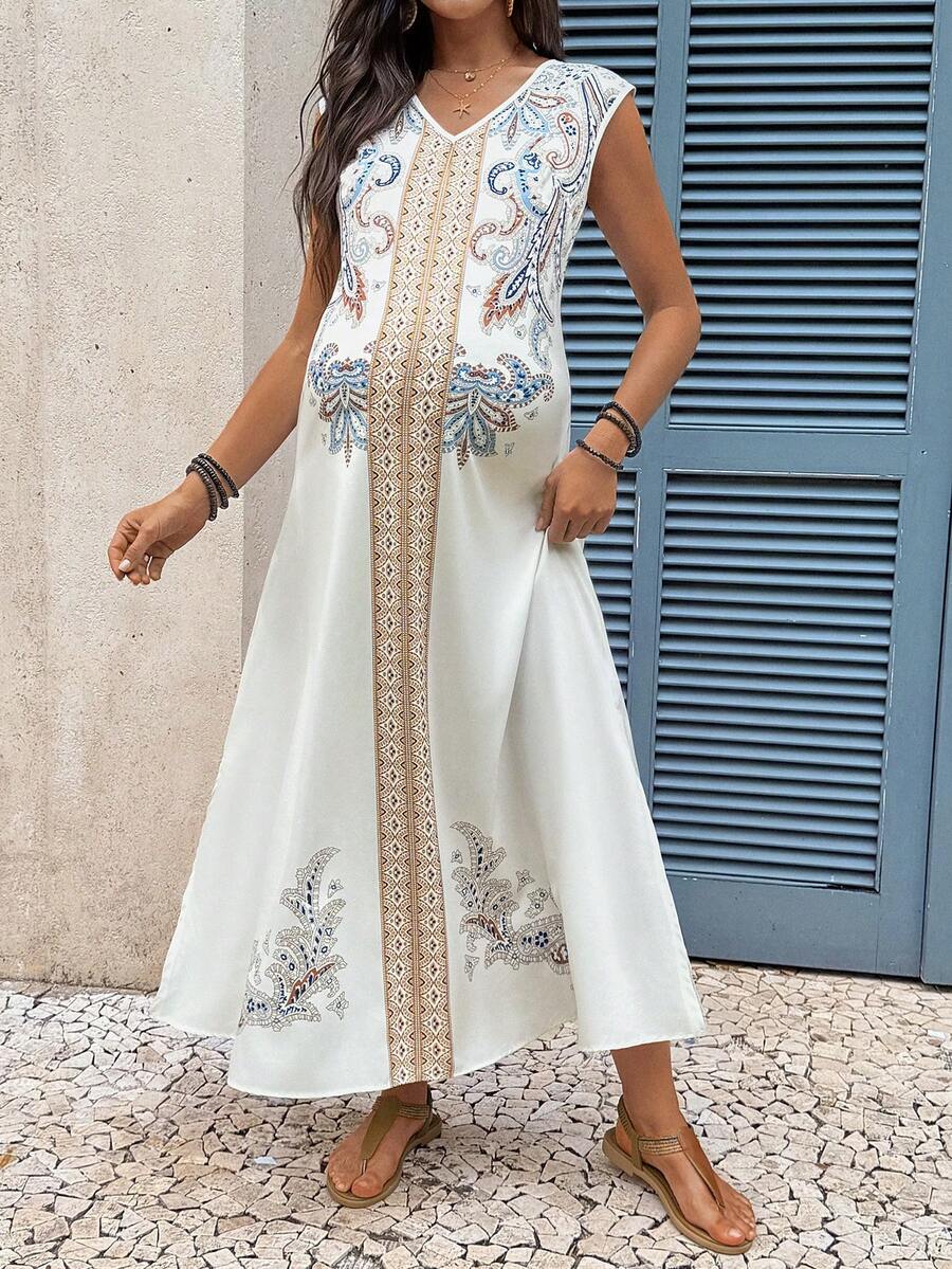 White Paisley Print V-Neck Maternity Maxi Dress - Bohemian High Waist Side Slit Summer Vacation Dress - Sleeveless A-Line Casual Long Dress