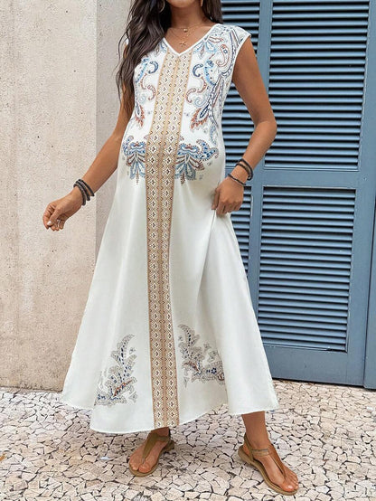 White Paisley Print V-Neck Maternity Maxi Dress - Bohemian High Waist Side Slit Summer Vacation Dress - Sleeveless A-Line Casual Long Dress