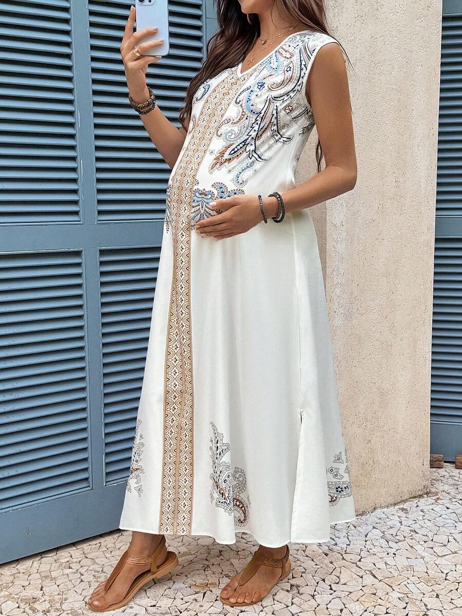 White Paisley Print V-Neck Maternity Maxi Dress - Bohemian High Waist Side Slit Summer Vacation Dress - Sleeveless A-Line Casual Long Dress