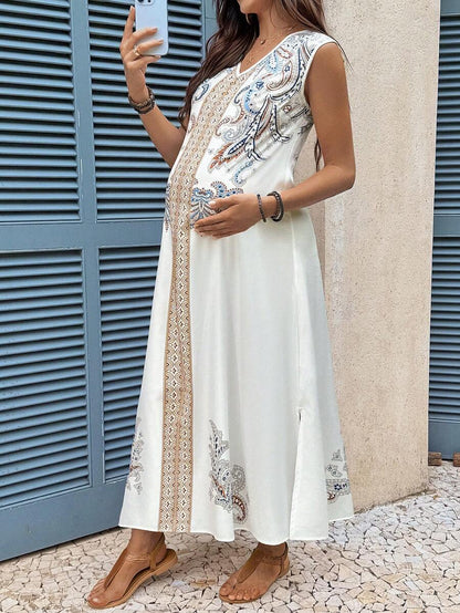 White Paisley Print V-Neck Maternity Maxi Dress - Bohemian High Waist Side Slit Summer Vacation Dress - Sleeveless A-Line Casual Long Dress