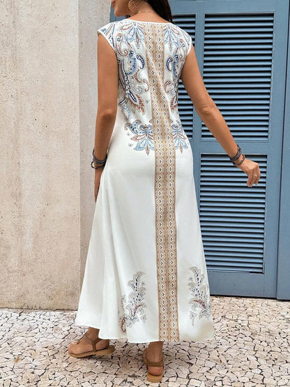 White Paisley Print V-Neck Maternity Maxi Dress - Bohemian High Waist Side Slit Summer Vacation Dress - Sleeveless A-Line Casual Long Dress