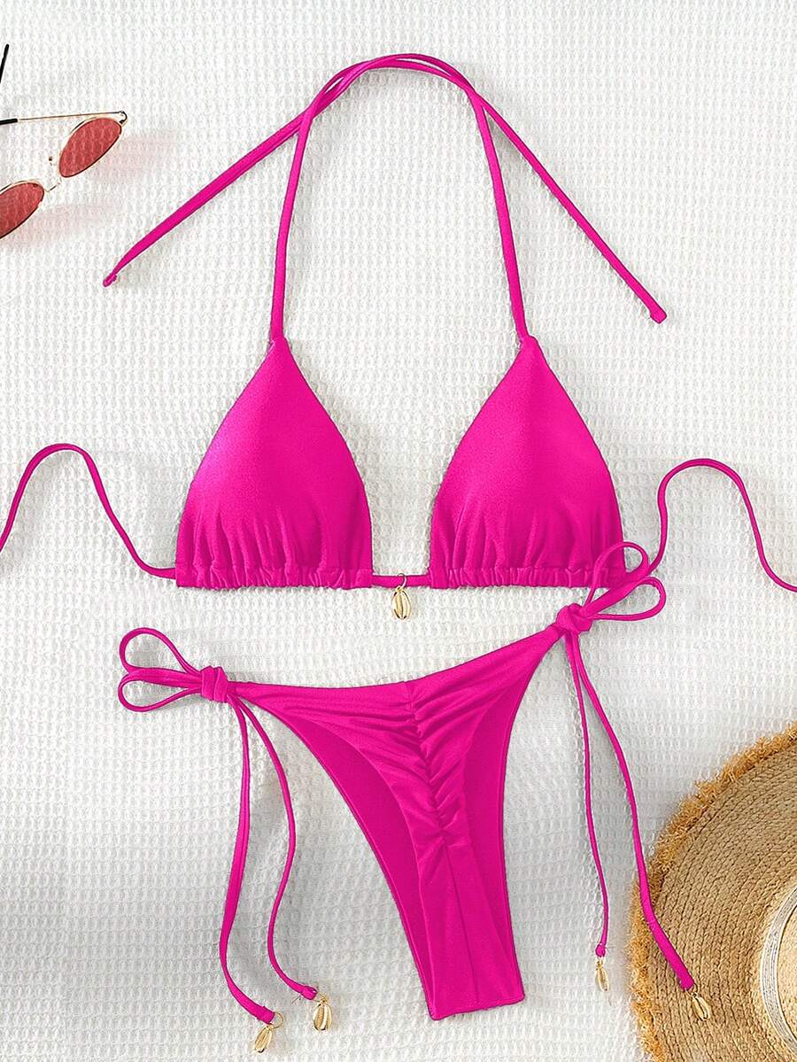 Swim Chiccia Women Spring Break Summer Beach Solid Color Halter Tie Sexy Bikini Swimsuit Set