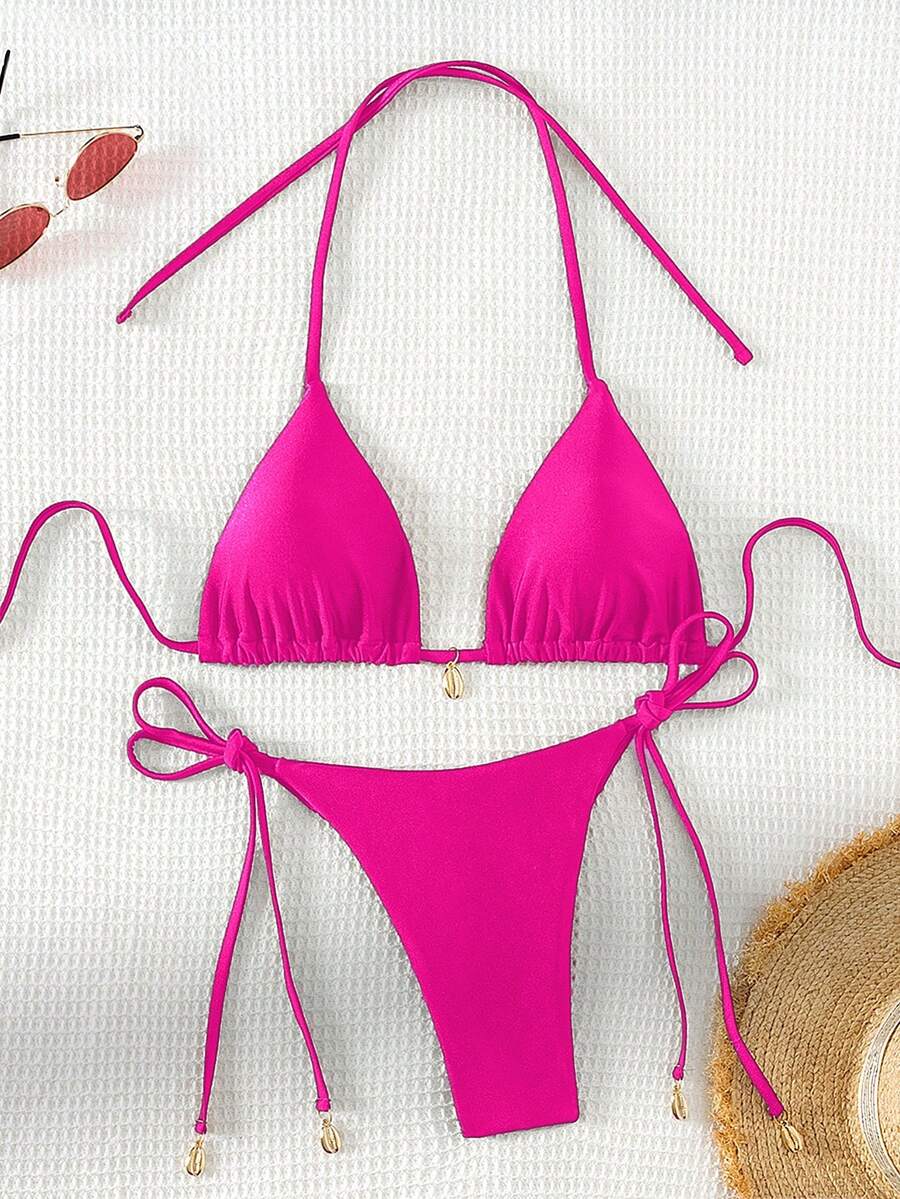 Swim Chiccia Women Spring Break Summer Beach Solid Color Halter Tie Sexy Bikini Swimsuit Set