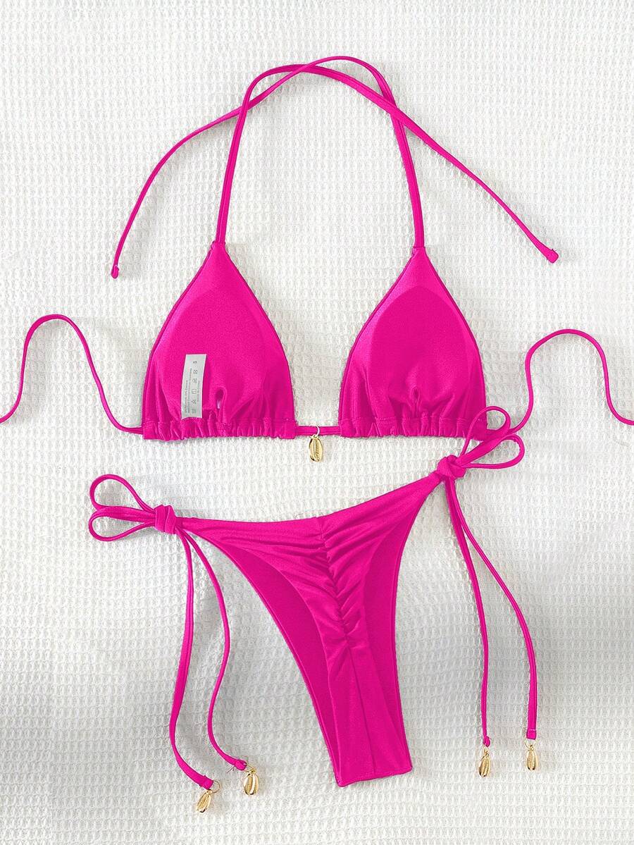 Swim Chiccia Women Spring Break Summer Beach Solid Color Halter Tie Sexy Bikini Swimsuit Set