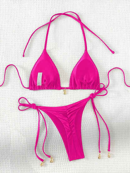 Swim Chiccia Women Spring Break Summer Beach Solid Color Halter Tie Sexy Bikini Swimsuit Set