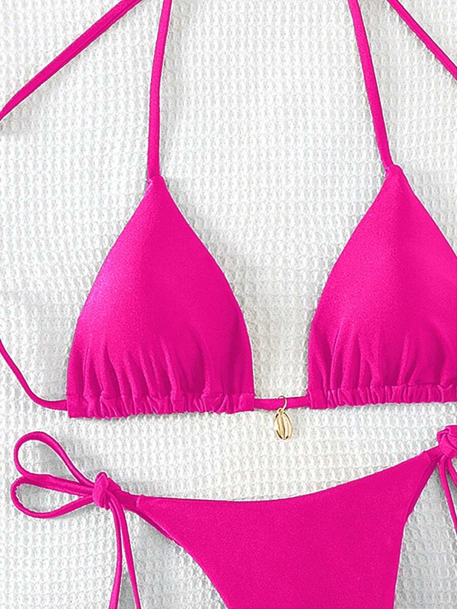 Swim Chiccia Women Spring Break Summer Beach Solid Color Halter Tie Sexy Bikini Swimsuit Set