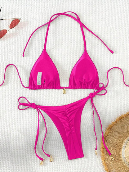 Swim Chiccia Women Spring Break Summer Beach Solid Color Halter Tie Sexy Bikini Swimsuit Set