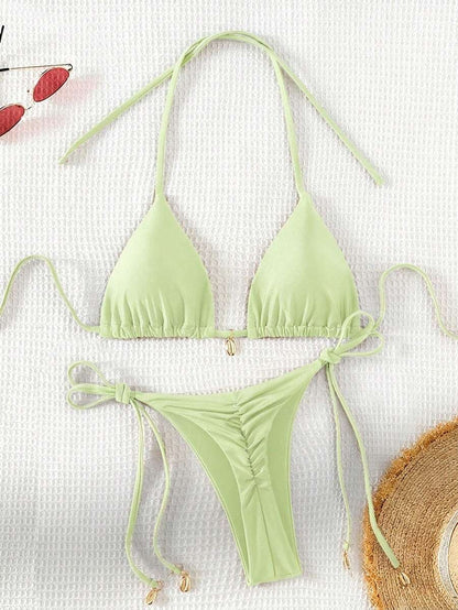 Swim Chiccia Women Spring Break Summer Beach Solid Color Halter Tie Sexy Bikini Swimsuit Set