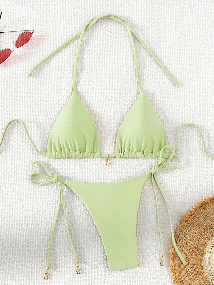 Swim Chiccia Women Spring Break Summer Beach Solid Color Halter Tie Sexy Bikini Swimsuit Set