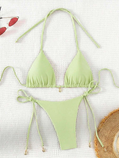 Swim Chiccia Women Spring Break Summer Beach Solid Color Halter Tie Sexy Bikini Swimsuit Set