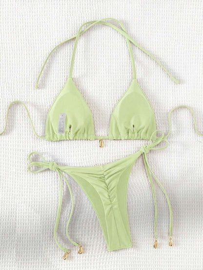 Swim Chiccia Women Spring Break Summer Beach Solid Color Halter Tie Sexy Bikini Swimsuit Set