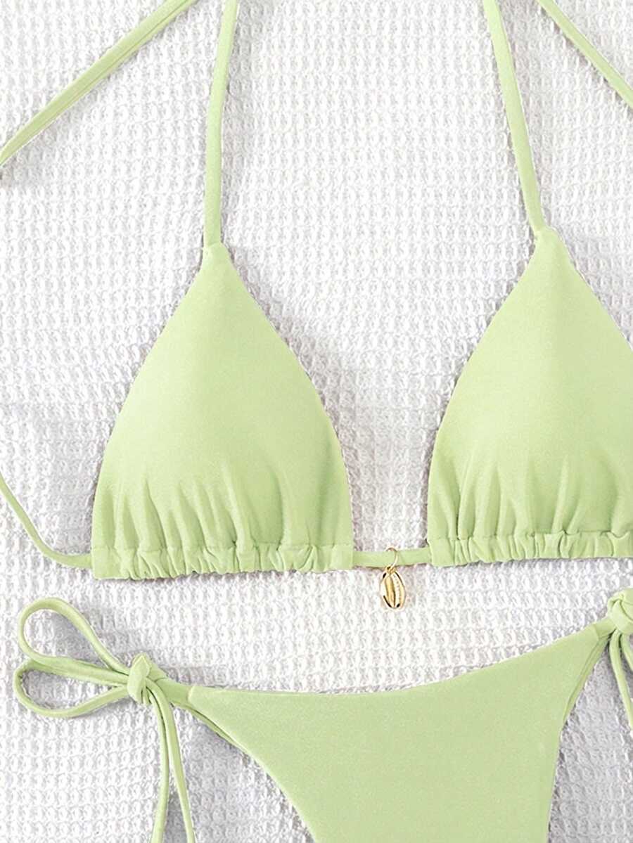 Swim Chiccia Women Spring Break Summer Beach Solid Color Halter Tie Sexy Bikini Swimsuit Set