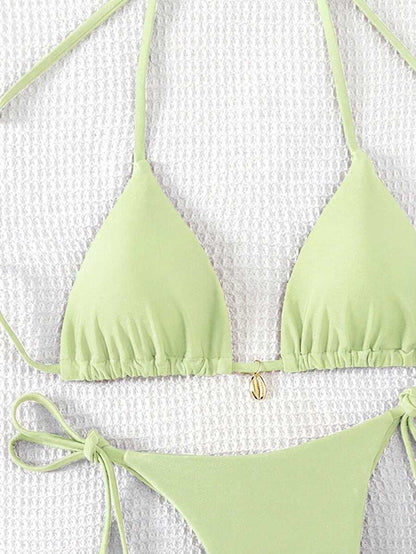 Swim Chiccia Women Spring Break Summer Beach Solid Color Halter Tie Sexy Bikini Swimsuit Set