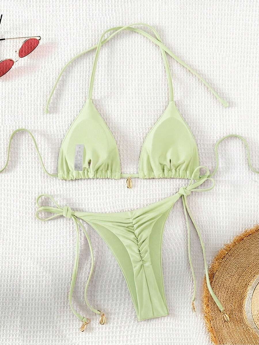 Swim Chiccia Women Spring Break Summer Beach Solid Color Halter Tie Sexy Bikini Swimsuit Set