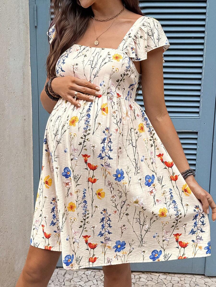 Multicolor Floral Halter Maternity Mini Dress with Puff Sleeves and Ruffle Hem – Boho High Waist A-Line Summer Vacation Beach Outfit