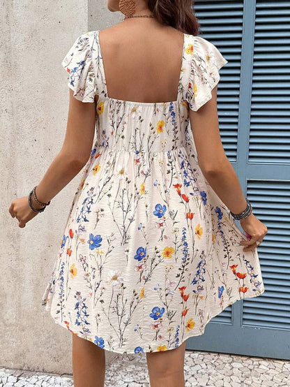 Multicolor Floral Halter Maternity Mini Dress with Puff Sleeves and Ruffle Hem – Boho High Waist A-Line Summer Vacation Beach Outfit