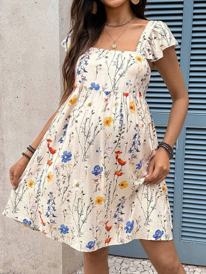 Multicolor Floral Halter Maternity Mini Dress with Puff Sleeves and Ruffle Hem – Boho High Waist A-Line Summer Vacation Beach Outfit