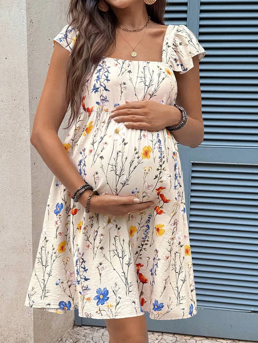 Multicolor Floral Halter Maternity Mini Dress with Puff Sleeves and Ruffle Hem – Boho High Waist A-Line Summer Vacation Beach Outfit