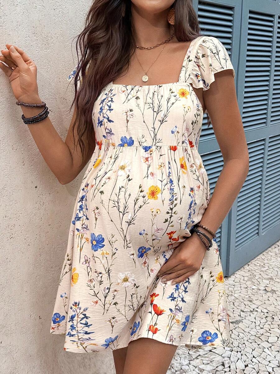Multicolor Floral Halter Maternity Mini Dress with Puff Sleeves and Ruffle Hem – Boho High Waist A-Line Summer Vacation Beach Outfit