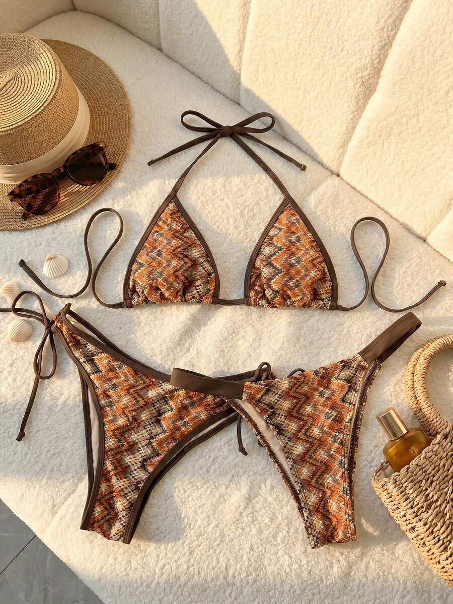 Swim Vcay Women's Swimwear Set, Fashionable Polka Dot Print Trim, Backless, Spaghetti Straps, Tie Waist, Triangle Swim Bottoms, Beach, Casual