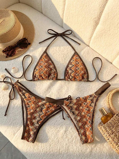 Swim Vcay Women's Swimwear Set, Fashionable Polka Dot Print Trim, Backless, Spaghetti Straps, Tie Waist, Triangle Swim Bottoms, Beach, Casual