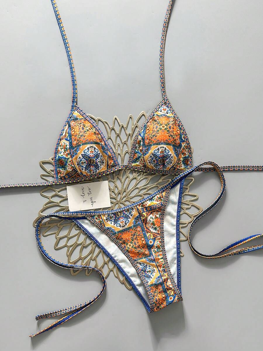 Swim Vcay Women's Summer Beach Contrast Color Halter Tie Sexy Bikini And Triangle Panty Swimwear Set Blue Bikini Yacht Party Outfit Vacation Bikini Boat Party Outfit Women Tie Side Bikini Triangle Bikini Set Light Blue Bikini