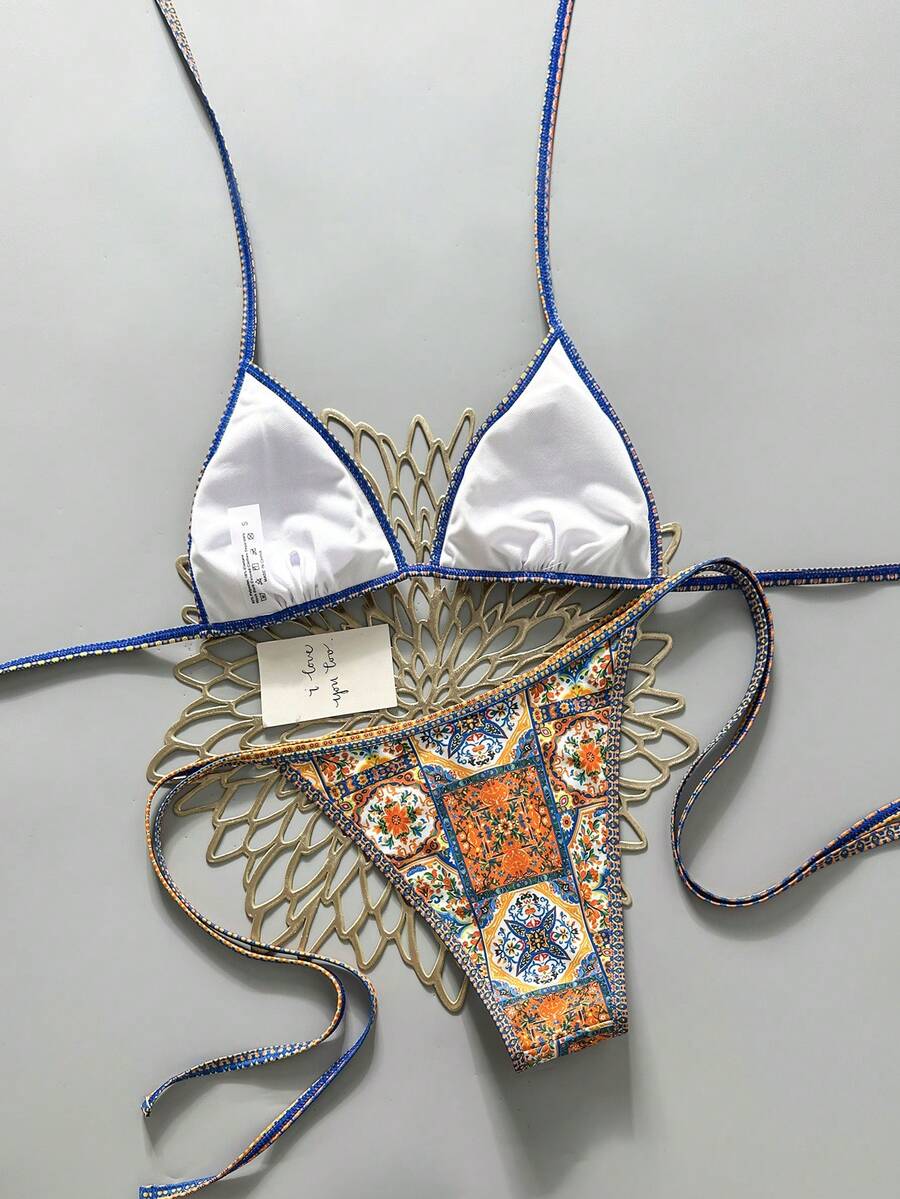 Swim Vcay Women's Summer Beach Contrast Color Halter Tie Sexy Bikini And Triangle Panty Swimwear Set Blue Bikini Yacht Party Outfit Vacation Bikini Boat Party Outfit Women Tie Side Bikini Triangle Bikini Set Light Blue Bikini