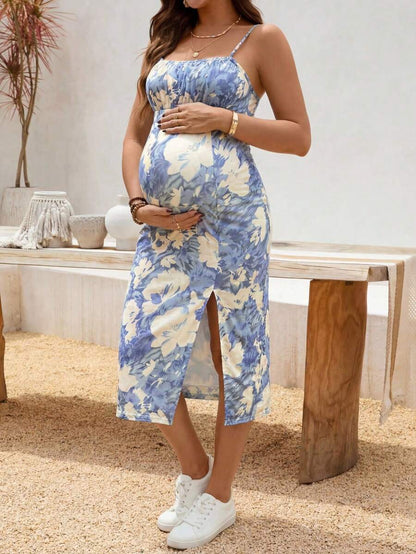 Maternity Floral Print Side Slit Hem Casual Sleeveless Dress For Vacation
